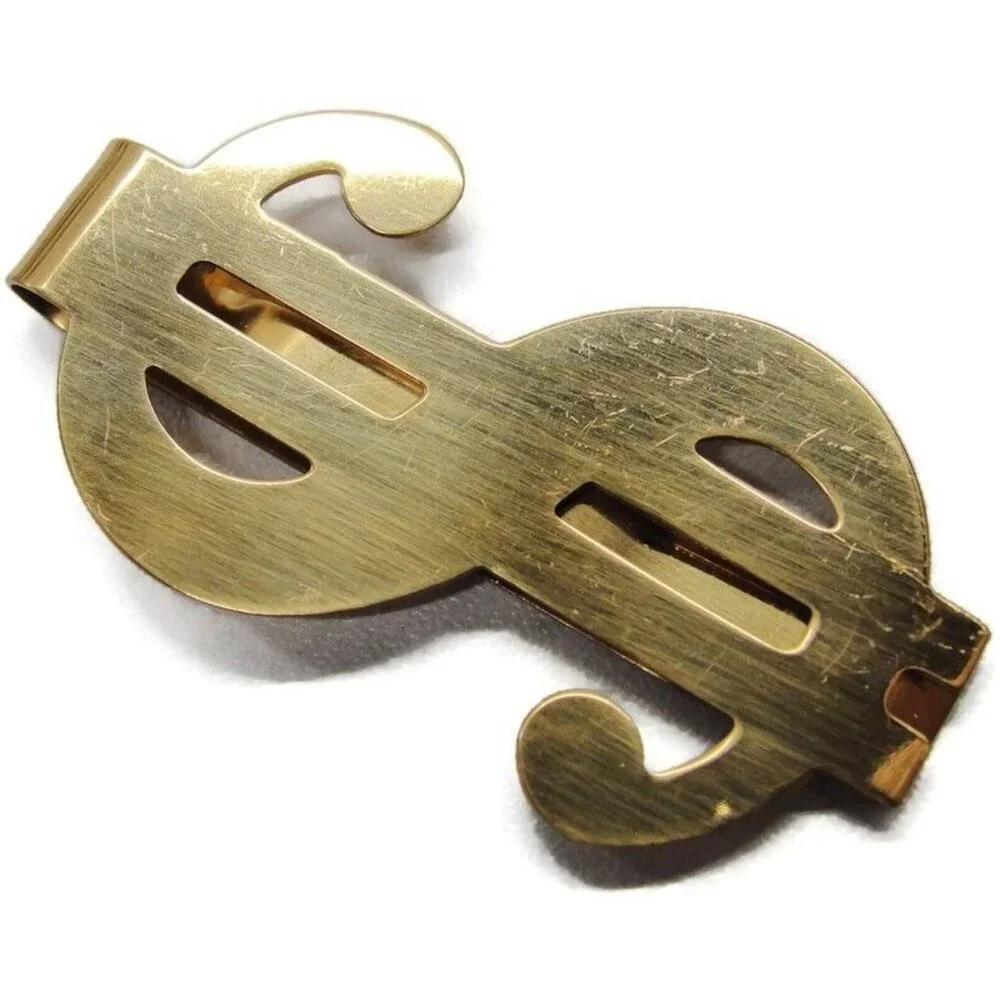 $ Dollar Sign Gold Tone Money Clip Stainless Wallet Card Cash ID Holder Vtg